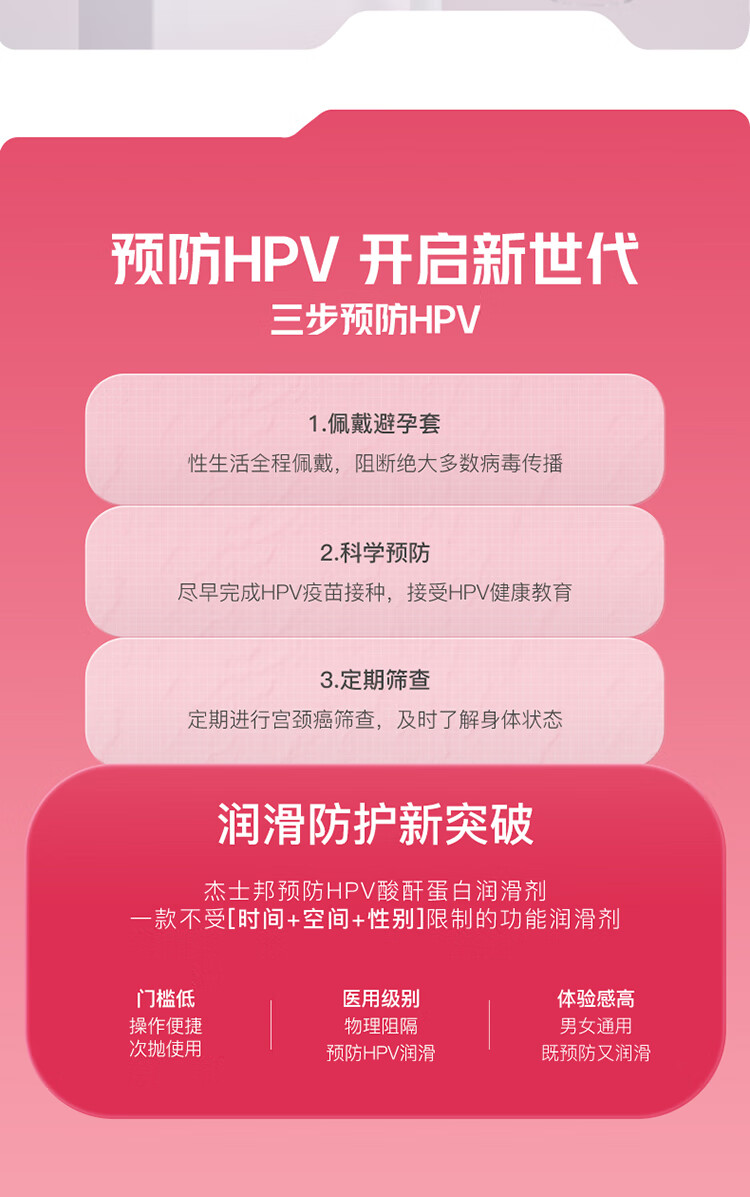 杰士邦预防HPV酸酐蛋白润滑剂：预防HPV 开启新世代 三步预防HPV 1.佩戴避孕套性生活全程佩戴，阻断绝大多数病毒传播2.科学预防 尽早完成HPV疫苗接种，接受HPV健康教育 3.定期筛查 定期进行宫颈癌筛查，及时了解身体状态