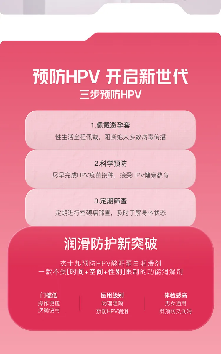 杰士邦预防HPV酸酐蛋白润滑剂：预防HPV 开启新世代 三步预防HPV 1.佩戴避孕套性生活全程佩戴，阻断绝大多数病毒传播2.科学预防 尽早完成HPV疫苗接种，接受HPV健康教育 3.定期筛查 定期进行宫颈癌筛查，及时了解身体状态